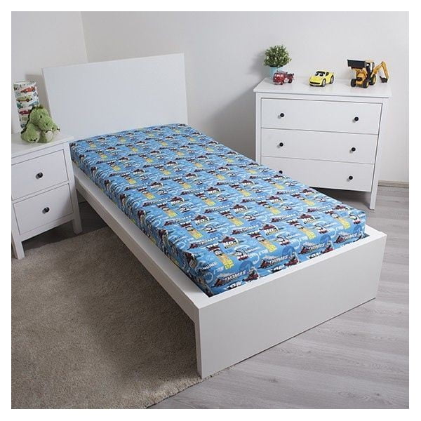 Mėlynos spalvos iš medvilnės vaikų patalynė su guma 90x200 cm Thomas the Tank Engine – Jerry Fabrics-image-1