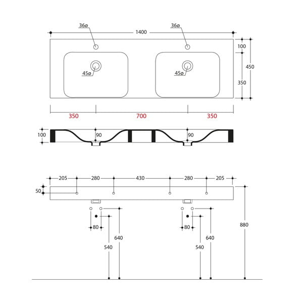 Iš keramikos dviguba kriauklė baltos spalvos 140x45 cm Cento – Sapho-image-2