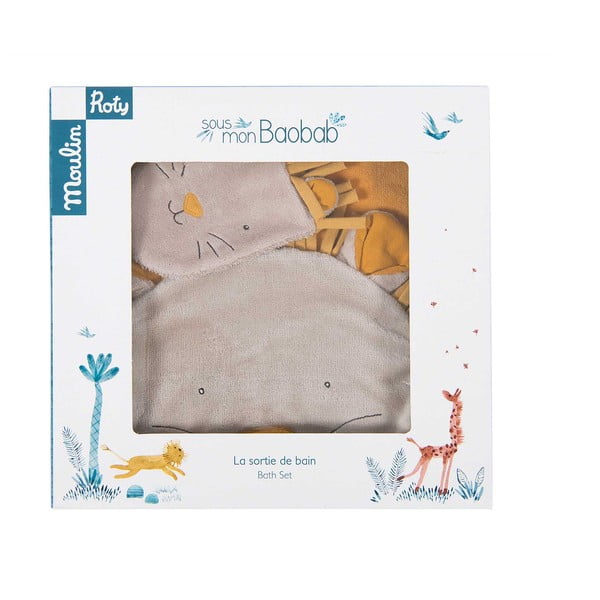 Geltonas medvilninis kūdikių rankšluosčių komplektas su gobtuvu ir skalbikliu 80x114 cm Sous mon Baobab - Moulin Roty-image-3