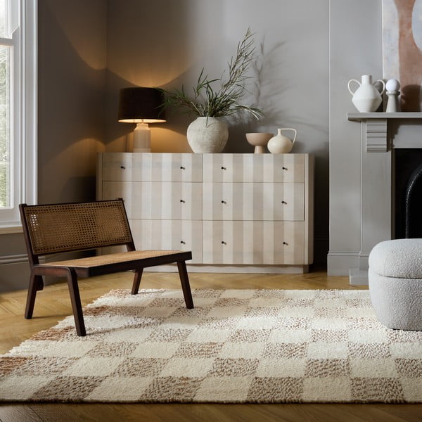 Rankų darbo kreminės spalvos/natūralios spalvos iš vilnos mišinio kilimas 160x230 cm Eric Checkboard – Flair Rugs-image-1