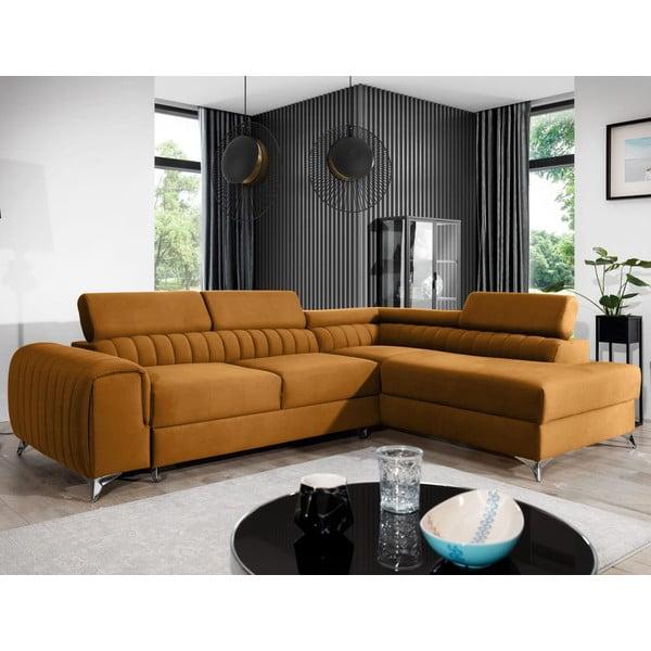 Geltonos spalvos iš velveto sulankstoma/su sandėliavimo vieta kampinė sofa (su dešiniuoju kampu/„L“ formos) Laurence – ELTAP-image-1