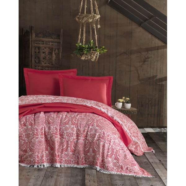 Raudonos medvilninės lovos užvalkalo ir 2 pagalvių užvalkalų rinkinys EnLora Home Nish Red, 240 x 260 cm