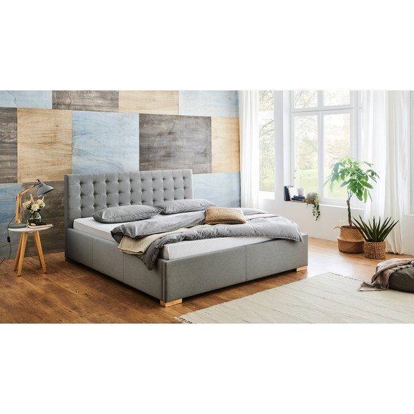 Šviesiai pilkos spalvos dvigulė lova audiniu dengta be grotelių 180x200 cm Malia – Meise Möbel-image-1