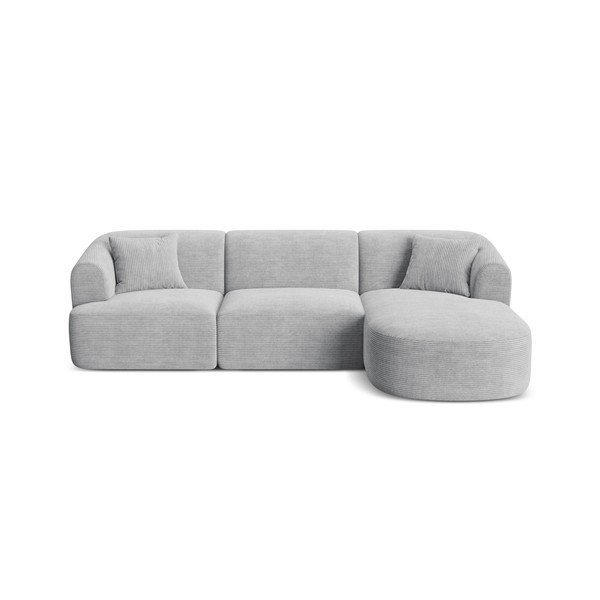 Šviesiai pilkos spalvos kampinė sofa iš kordinio velveto (su dešiniuoju kampu/su gultu) Campi – Cosmopolitan Design