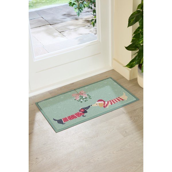 Iš perdirbto plastiko grindų kilimėlis su Kalėdų motyvu 40x70 cm Christmas Sausage Dogs – Artsy Doormats-image-2