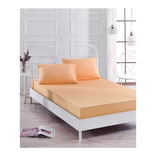 Šviesiai oranžinės spalvos elastingos paklodės ir užvalkalo viengulėlei lovai rinkinys Basso Pomme, 100 x 200 cm