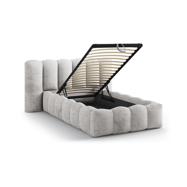 Pilkos spalvos viengulė lova audiniu dengta su sandėliavimo vieta su lovos grotelėmis 90x200 cm Lupine – Micadoni -image-1