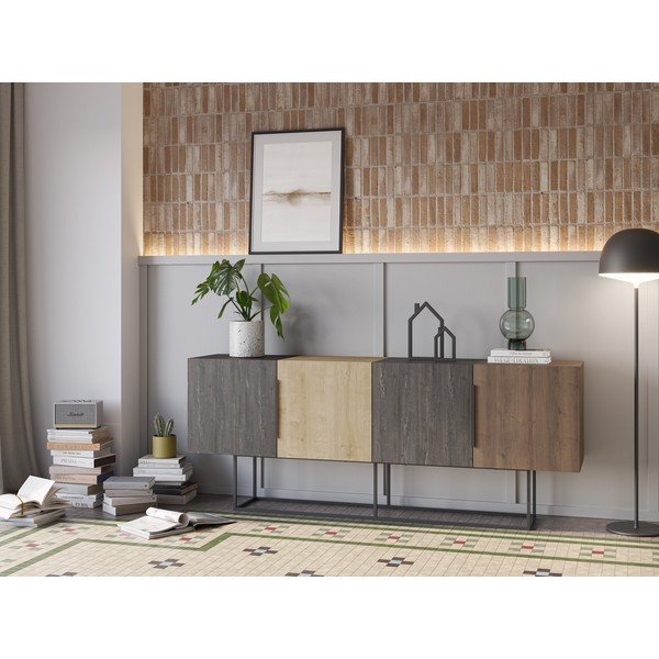 Žema šoninė spintelė rudos spalvos/natūralios spalvos iš ąžuolo 200x80 cm Titan – Marckeric-image-1