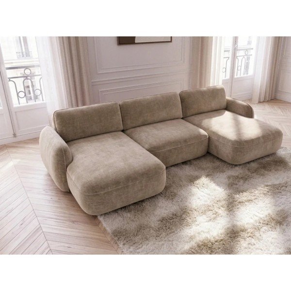 Smėlio spalvos sulankstoma/su sandėliavimo vieta kampinė sofa iš velveto („U“ formos) Celeste – Bobochic Paris-image-1