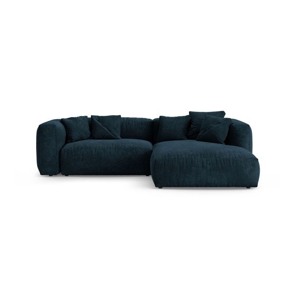 Tamsiai mėlynos spalvos sulankstoma modulinė kampinė sofa iš velveto (su dešiniuoju kampu/su gultu) – Micadoni 