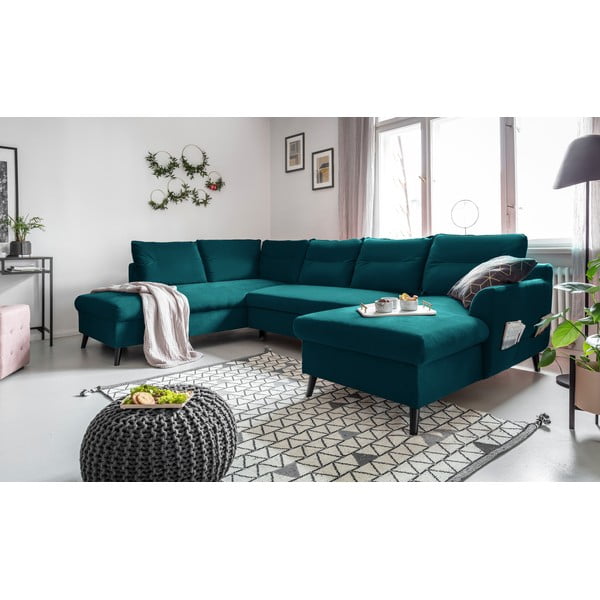 Turkio spalvos U formos aksominė sofa-lova Miuform Stylish Tent, kairysis kampas-image-3