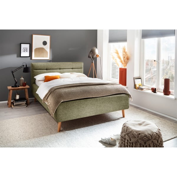 Žalios spalvos dvigulė lova audiniu dengta su sandėliavimo vieta su lovos grotelėmis 140x200 cm Lotte – Meise Möbel-image-1