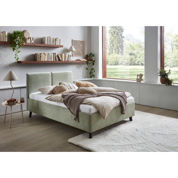 Šviesiai žalios spalvos dvigulė lova audiniu dengta su lovos grotelėmis 140x200 cm Piano – Meise Möbel-image-1