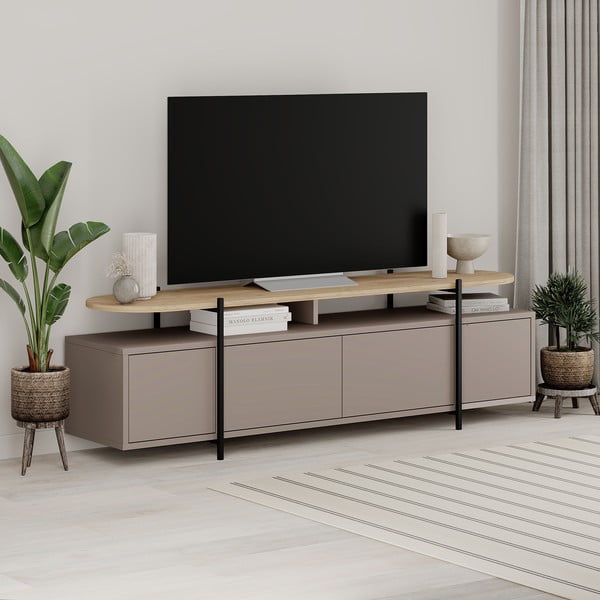 TV spintelė pilkos spalvos/smėlio spalvos iš ąžuolo 160x48 cm Hinoa – Marckeric-image-1