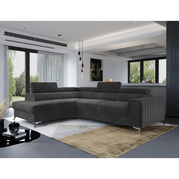 Tamsiai pilkos spalvos iš velveto sulankstoma/su sandėliavimo vieta kampinė sofa (su kairiuoju kampu/„L“ formos) Laurence – ELTAP-image-1