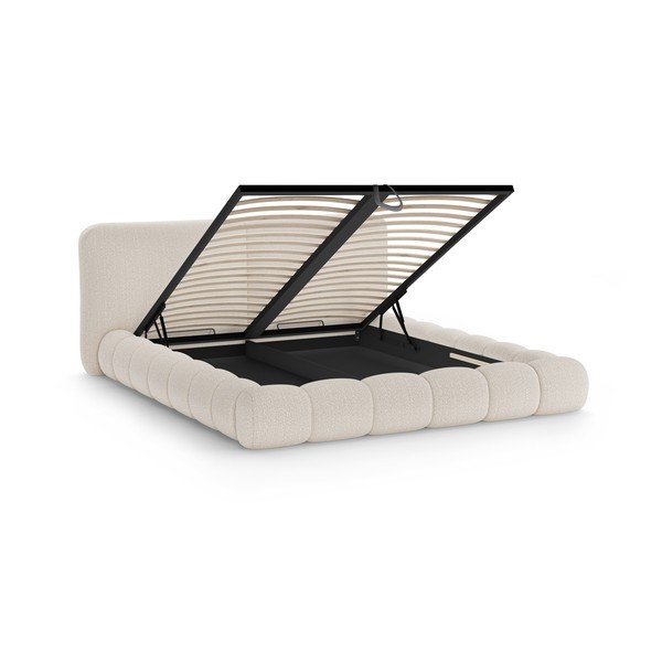 Smėlio spalvos dvigulė lova audiniu dengta su sandėliavimo vieta su lovos grotelėmis 200x200 cm Solange – Micadoni -image-2