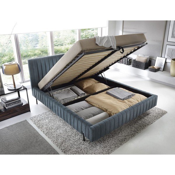 Mėlynos spalvos dvigulė lova dengta audiniu su sandėliavimo vieta su lovos grotelėmis 140x200 cm Plissa – ELTAP-image-2