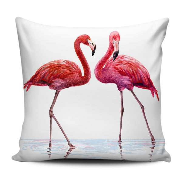 Rožinės ir baltos spalvos pagalvėlė "Home de Bleu Talking Flamingos", 43 x 43 cm