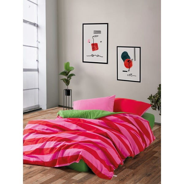 Žalios spalvos/rožinės spalvos iš ranforce medvilnės dvigulė/itin ilga patalynė su paklode/4 dalių 200x220 cm Cherie – Mijolnir