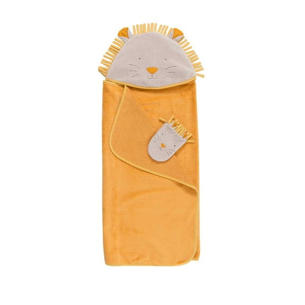 Geltonas medvilninis kūdikių rankšluosčių komplektas su gobtuvu ir skalbikliu 80x114 cm Sous mon Baobab - Moulin Roty-image-2