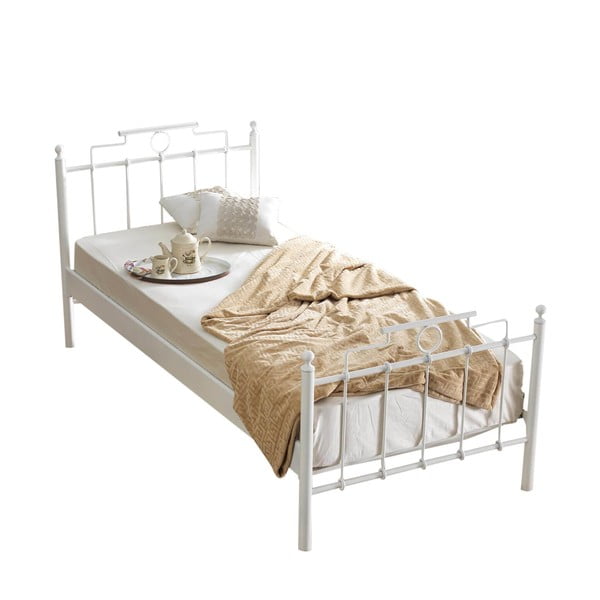Iš metalo viengulė lova baltos spalvos su lovos grotelėmis 90x200 cm Hatkus – Kalune Design
