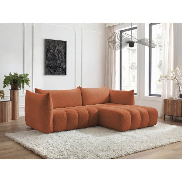 Oranžinės spalvos kampinė sofa iš boucle (su dešiniuoju kampu/su gultu) Azra – Bobochic Paris-image-1