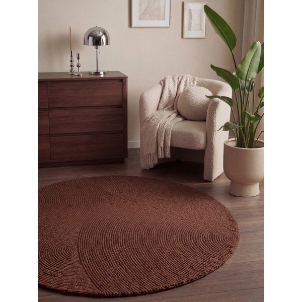 Rankų darbo raudonos plytų spalvos iš vilnos apvalios formos kilimas ø 120 cm Calmio – Hanse Home-image-1