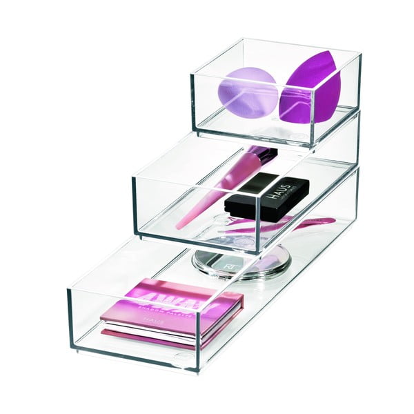 Vonios kambario kosmetinių reikmenų dėklai iš perdirbto plastiko, 3 vnt. Stack & Slide - iDesign