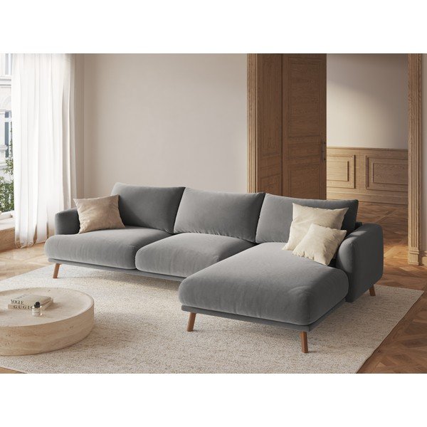 Pilkos spalvos kampinė sofa iš velveto (su dešiniuoju kampu/su gultu) Naomi – Micadoni -image-1