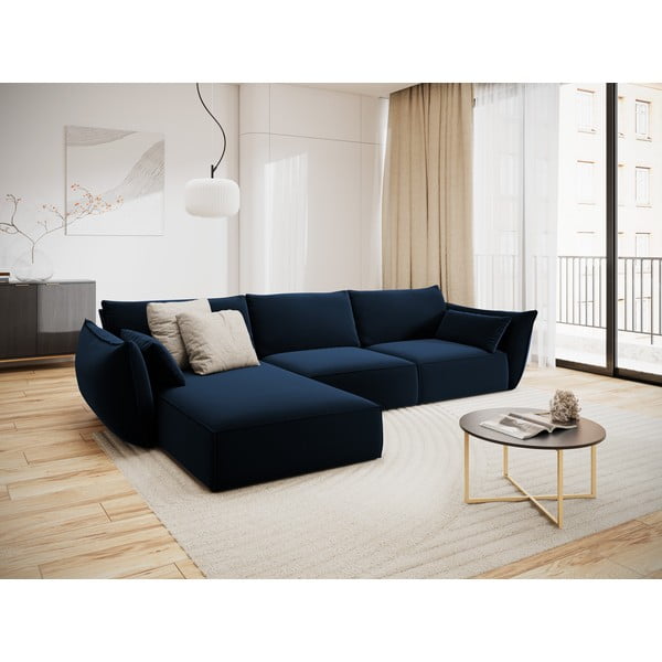 Tamsiai mėlynos spalvos iš velveto kampinė sofa (su kairiuoju kampu/su gultu) Vanda – Mazzini Sofas-image-1