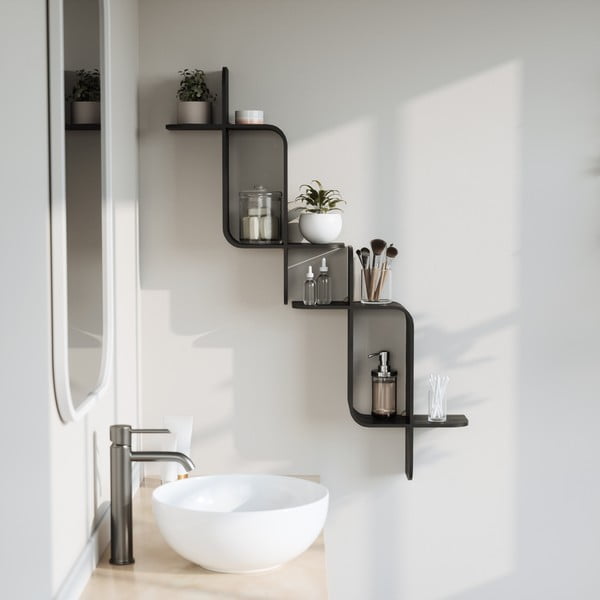 Iš kaučiukmedžio masyvo kelių aukštų sieninė lentyna juodos spalvos 62 cm Montage – Umbra-image-1