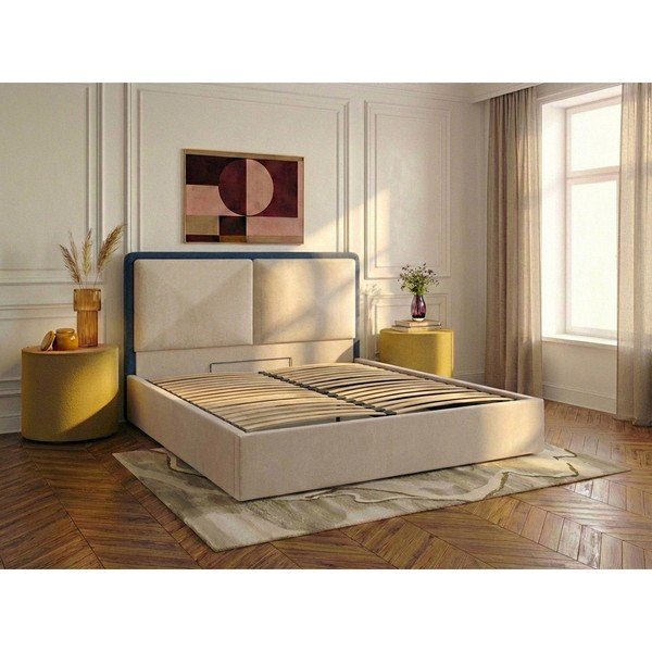 Mėlynos spalvos/smėlio spalvos iš audinio dvigulė lova su sandėliavimo vieta su lovos grotelėmis 180x200 cm Mara – Bobochic Paris-image-2