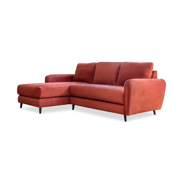 Raudonos spalvos aksominė kampinė sofa su pakoja Miuform Cozy Claire, kairysis kampas