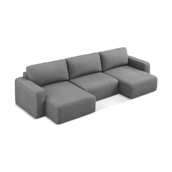 Pilkos spalvos sulankstoma/su sandėliavimo vieta kampinė sofa iš kordinio velveto („U“ formos) Kona – Makamii-image-3