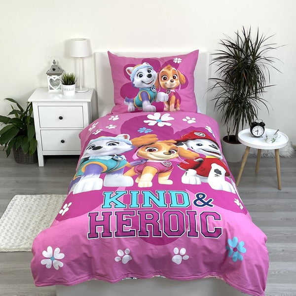 Rožinės spalvos iš medvilnės viengulė vaikiška patalynė 140x200 cm Paw Patrol "Heroic" – Jerry Fabrics-image-1