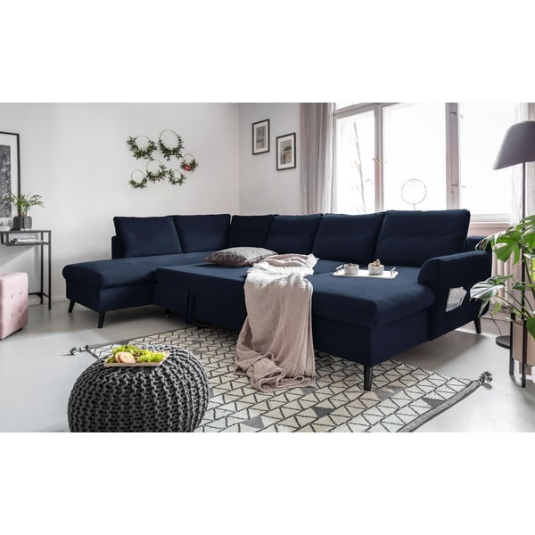 Tamsiai mėlyna velvetinė U formos sofa-lova Miuform Stylish Stan, kairysis kampas-image-4