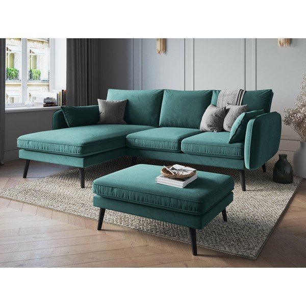 Smaragdo spalvos aksominė kampinė sofa su juodomis kojomis Kooko Home Lento, kampas kairėje-image-1
