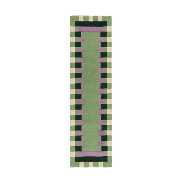 Rankų darbo iš vilnos kilimas žalios spalvos/violetinės spalvos 60x230 cm Kai Wool Border – Flair Rugs