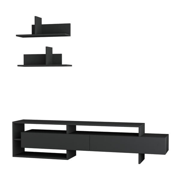 Antracito spalvos televizoriaus staliuko ir 2 sieninių lentynų rinkinys Homitis Gara