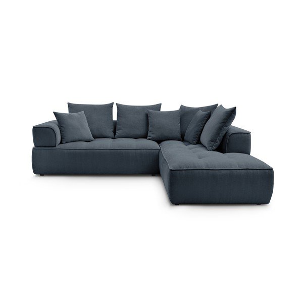Tamsiai mėlynos spalvos iš šenilinio audinio kampinė sofa (su dešiniuoju kampu/„L“ formos) Whesley – Bobochic Paris