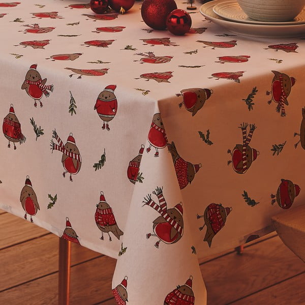 Medvilninė staltiesė su kalėdiniu motyvu 137x229 cm Christmas Robins - Catherine Lansfield