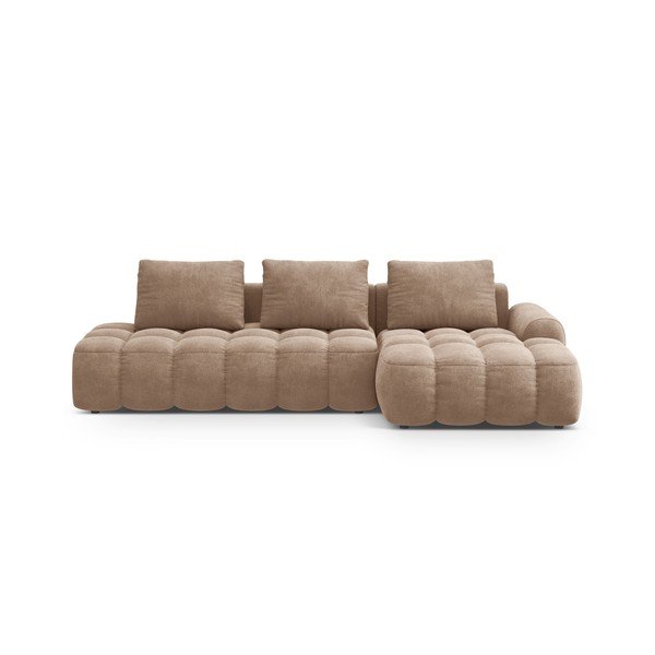 Šviesiai rudos spalvos iš velveto sulankstoma/su sandėliavimo vieta kampinė sofa (su dešiniuoju kampu/su gultu) Linz – Cosmopolitan Design