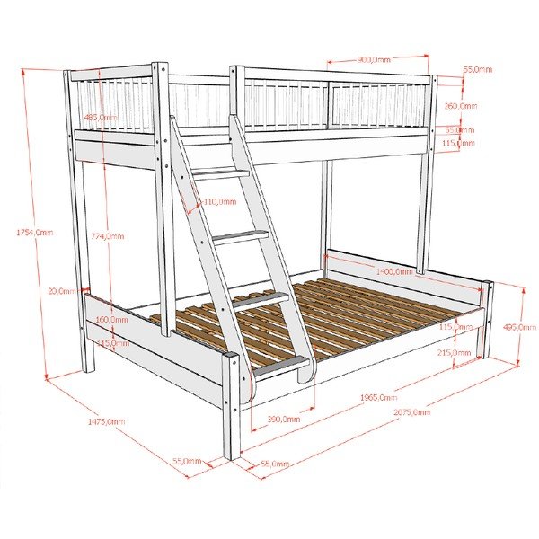Baltos spalvos dviauktė iš buko masyvo vaikiška lova su lovos grotelėmis 140x200/90x200 cm Forrest – Vipack-image-2