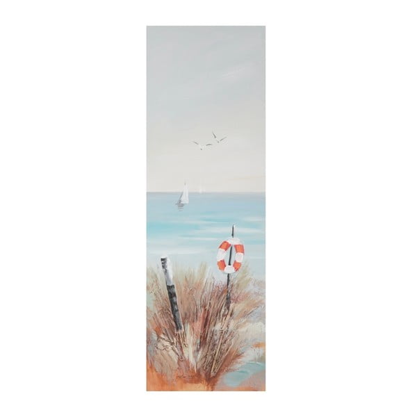 Rankomis tapytas paveikslas pušies medžio rėme Mauro Ferretti Paplūdimio gelbėjimosi ratas, 30 x 90 cm