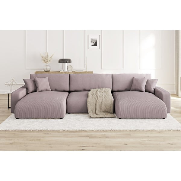 Šviesiai rožinės spalvos iš kordinio velveto sulankstoma/su sandėliavimo vieta kampinė sofa Sara – Ropez-image-1