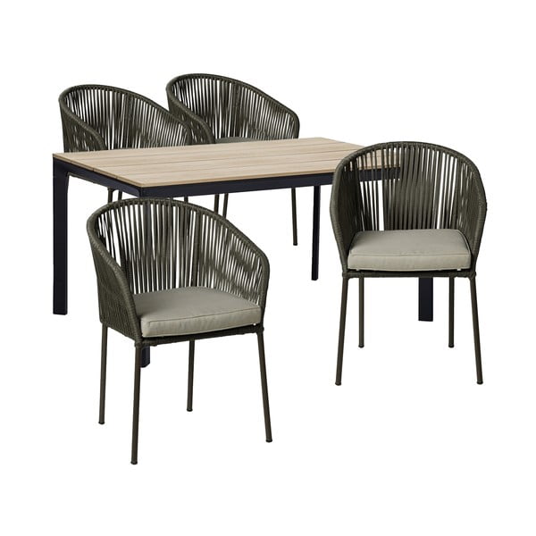 Sodo valgomojo komplektas 4 asmenims su žaliomis kėdėmis Trapani ir stalu Thor, 147 x 90 cm