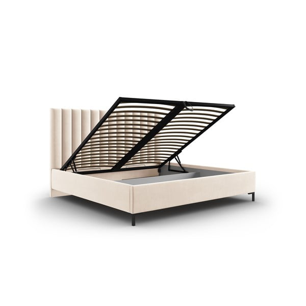 Dvigulė lova smėlio spalvos audiniu dengta su sandėliavimo vieta su lovos grotelėmis 180x200 cm Casey – Mazzini Beds-image-3
