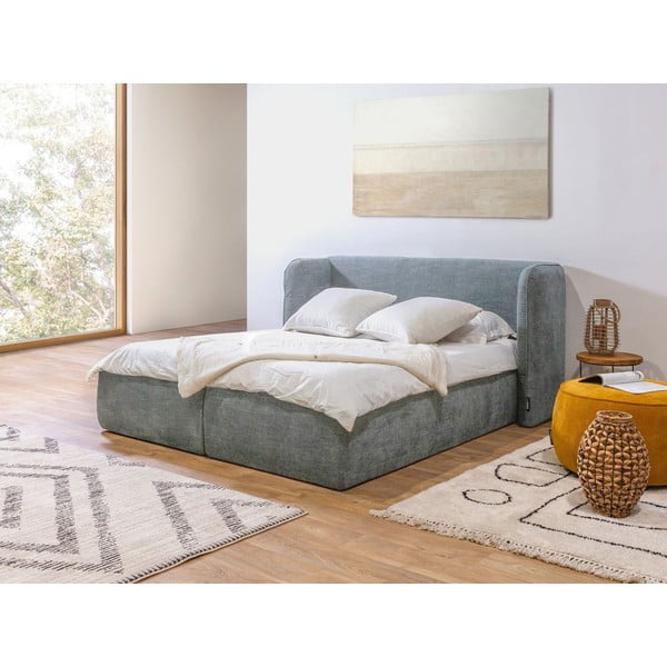 Šviesiai pilka minkšta dvigulė lova su laikymo vieta ir grotelėmis 160x200 cm Louise - Bobochic Paris-image-1