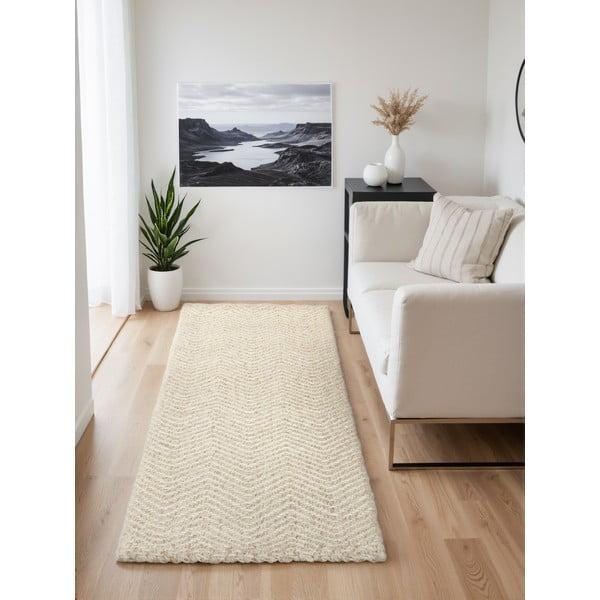 Rankų darbo kreminės spalvos/dramblio kaulo spalvos iš vilnos mišinio kilimas 80x200 cm Majoli – Elle Decoration-image-1