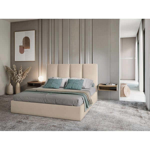 Smėlio spalvos aksominė dvigulė lova Mazzini Beds Juniper, 160 x 200 cm-image-1